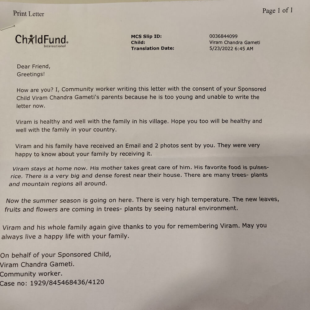 Childfund konfirmations och brev.