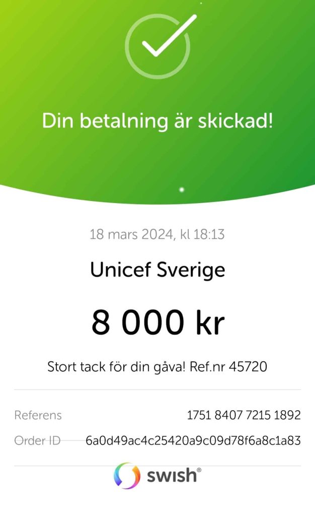 En swish på 8000 kr till Unicef
